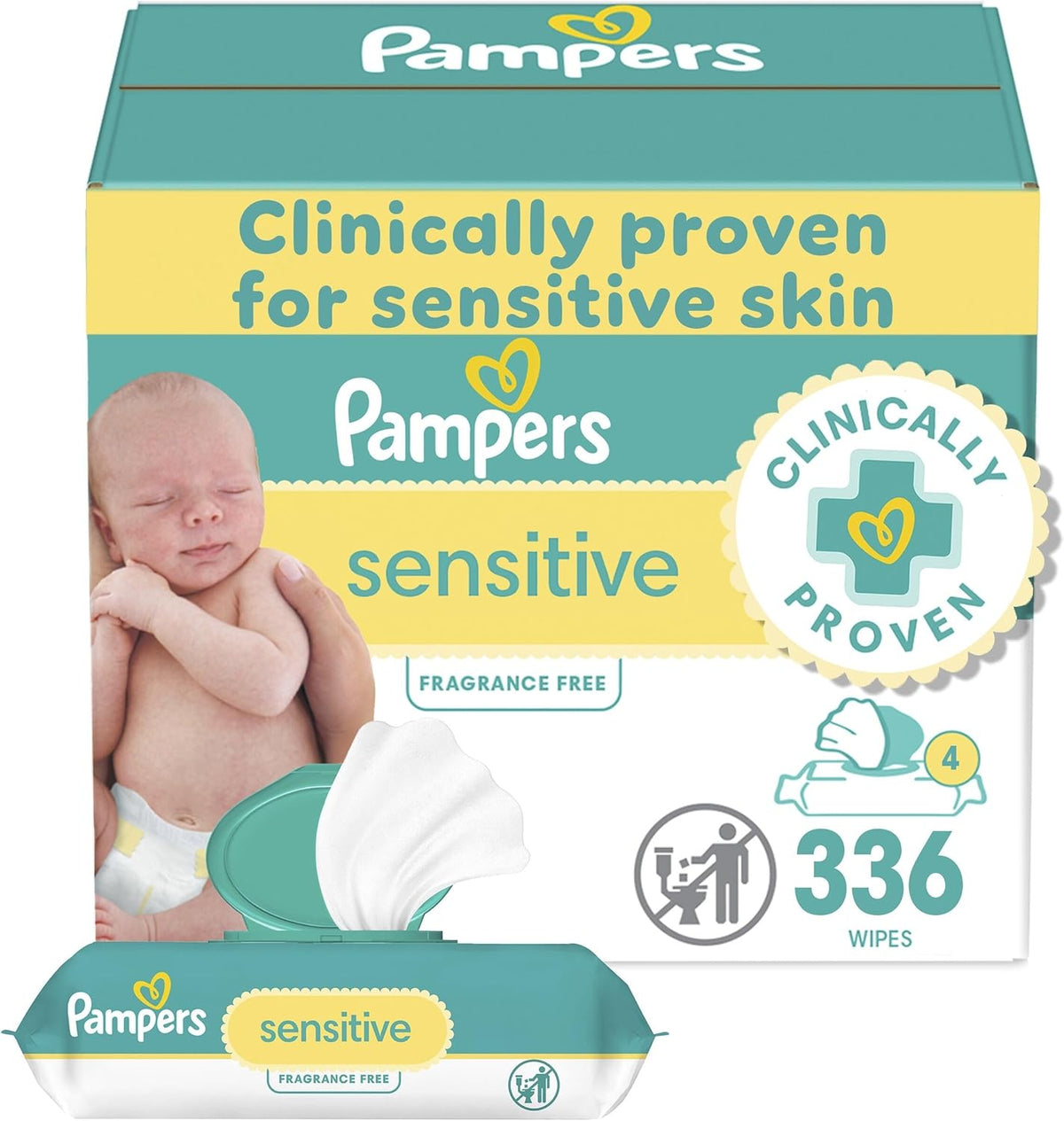 Pampers Baby Wipes, Sensitive, Water Based Wipe, Clinically Proven, Hypoallergenic, and Unscented