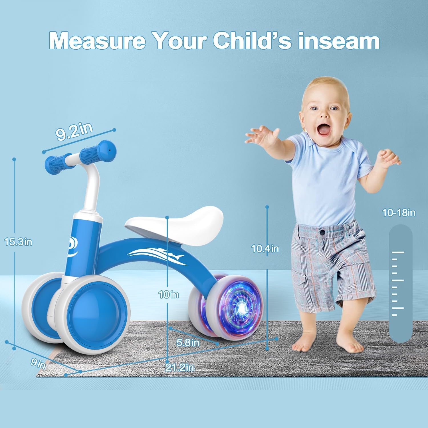 Colorful Lighting Baby Balance Bike Toys for 1 Year Old Boy Girl Gifts, 10-36 Month Toddler Balance
