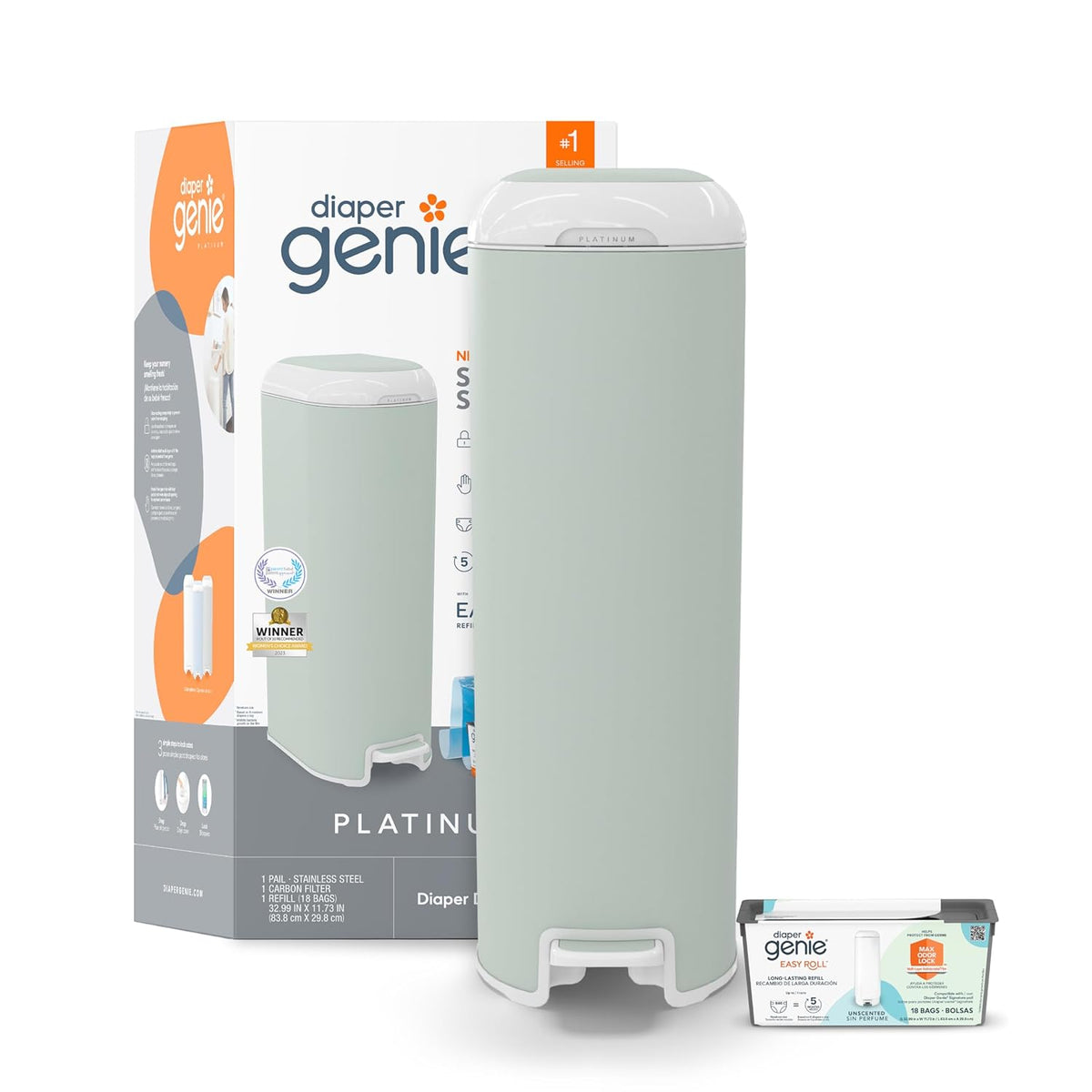 Diaper Genie Platinum Pail (Sage Green) is Made in Durable Stainless Steel and Includes 1 Easy Roll