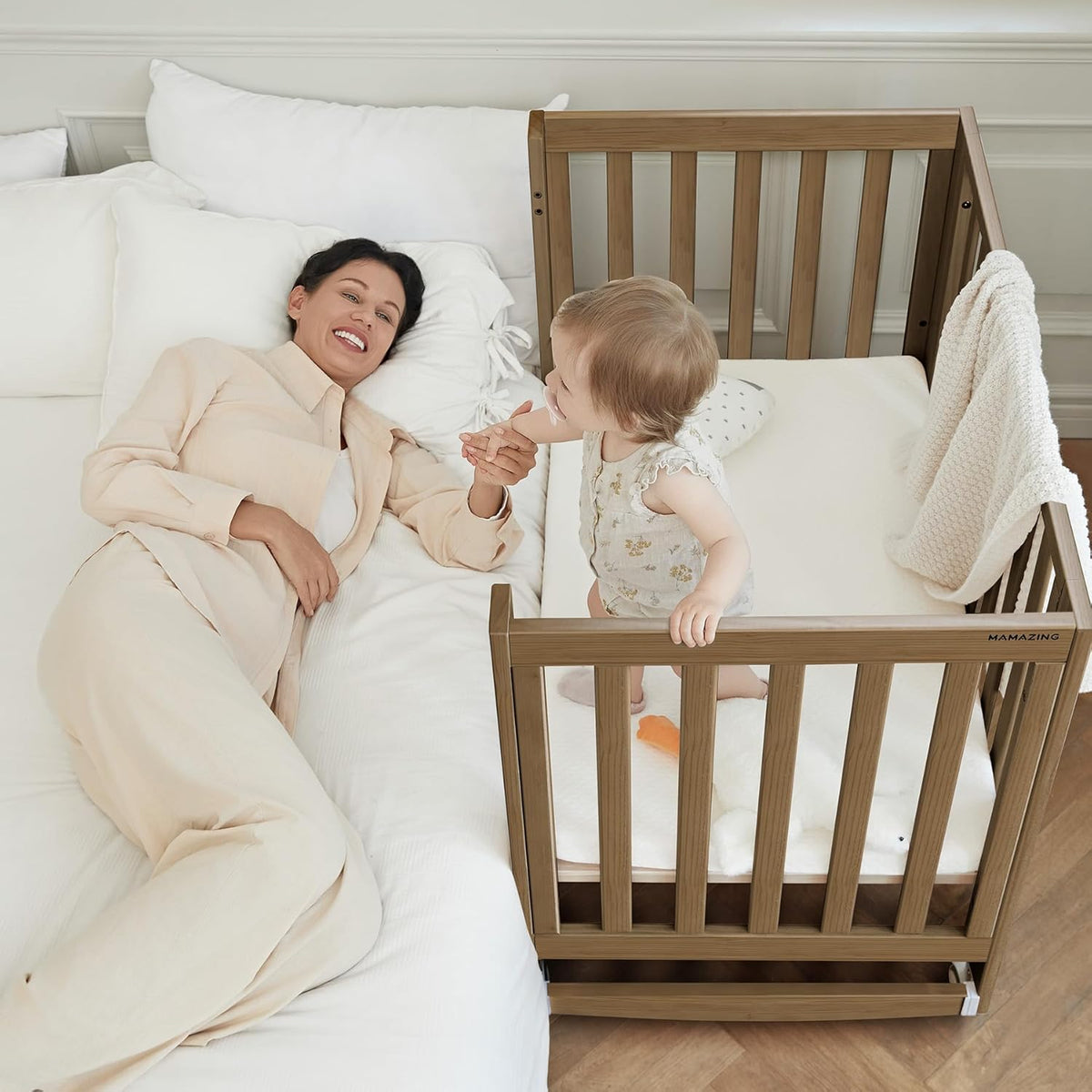 EvoNest Baby Crib, 11 in 1 Convertible Mini Crib with Wheels, 100% New Zealand Wood Growing Bed, 4