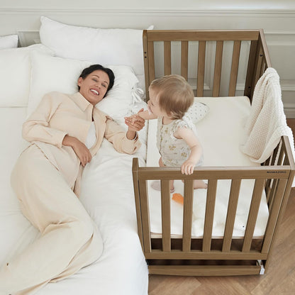 EvoNest Baby Crib, 11 in 1 Convertible Mini Crib with Wheels, 100% New Zealand Wood Growing Bed, 4