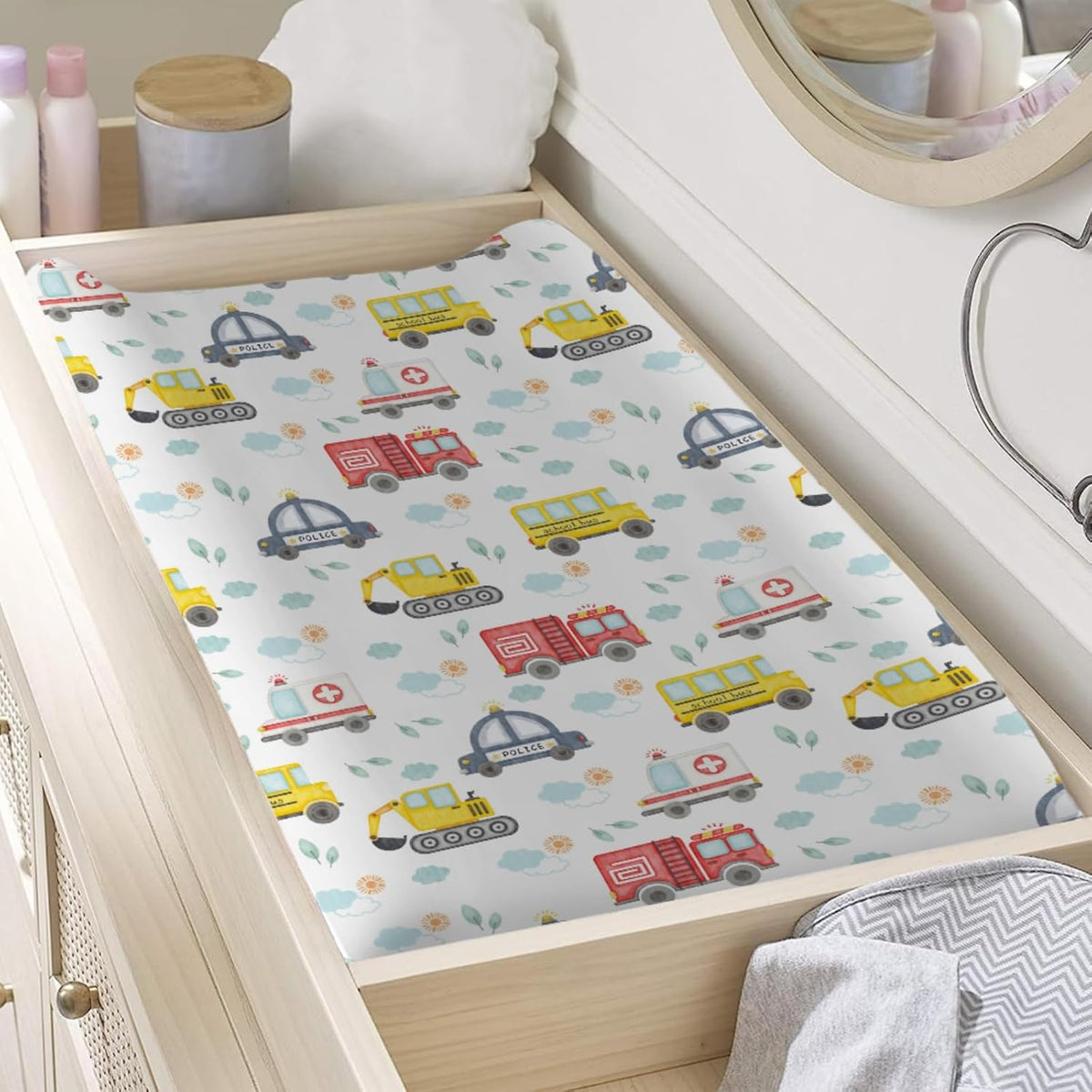 Watercolor Cars Changing Pad Covers Cute Transport Vechile Sun Clouds Leaves Diaper Change Pad