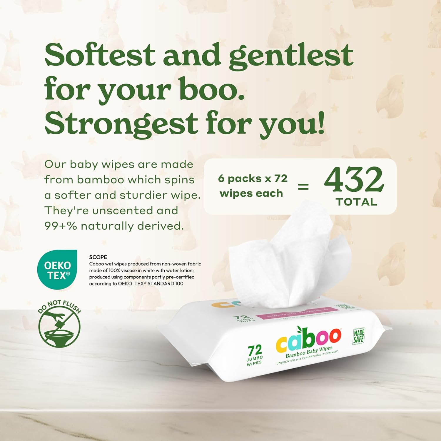 Caboo Baby Wipes, Made with Bamboo Viscose, Certified Made Safe Ingredients, Unscented Baby Wipes