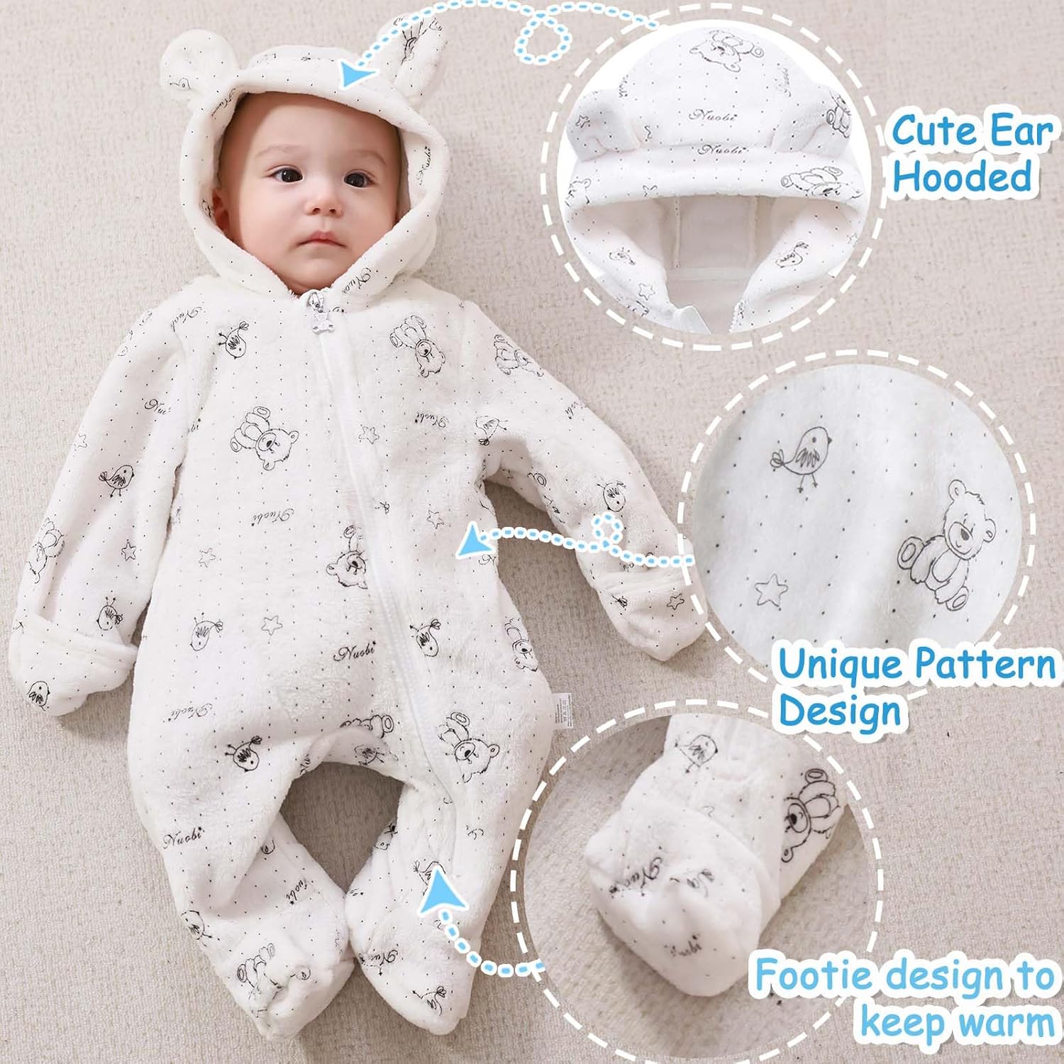 Fairy Baby Newborn Baby Bear Onesie Thin Fleece Footie Romper Snowsuit Hooded Jumpsuit Bodysuit