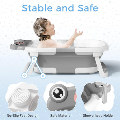 Baby Bathtub, Collapsible Newborn Bathtub for Infant to Toddler 0-24 Months with Soft Cushion and