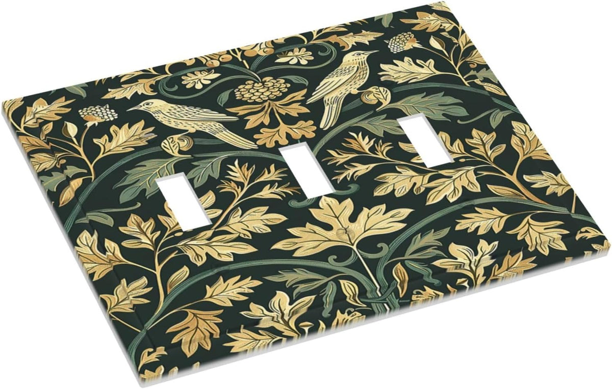 Decorative Switch Plates William Morris Vintage Botanical Birds Golden Green Leaves 3 Gang Wall