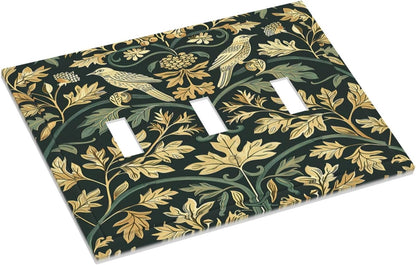 Decorative Switch Plates William Morris Vintage Botanical Birds Golden Green Leaves 3 Gang Wall
