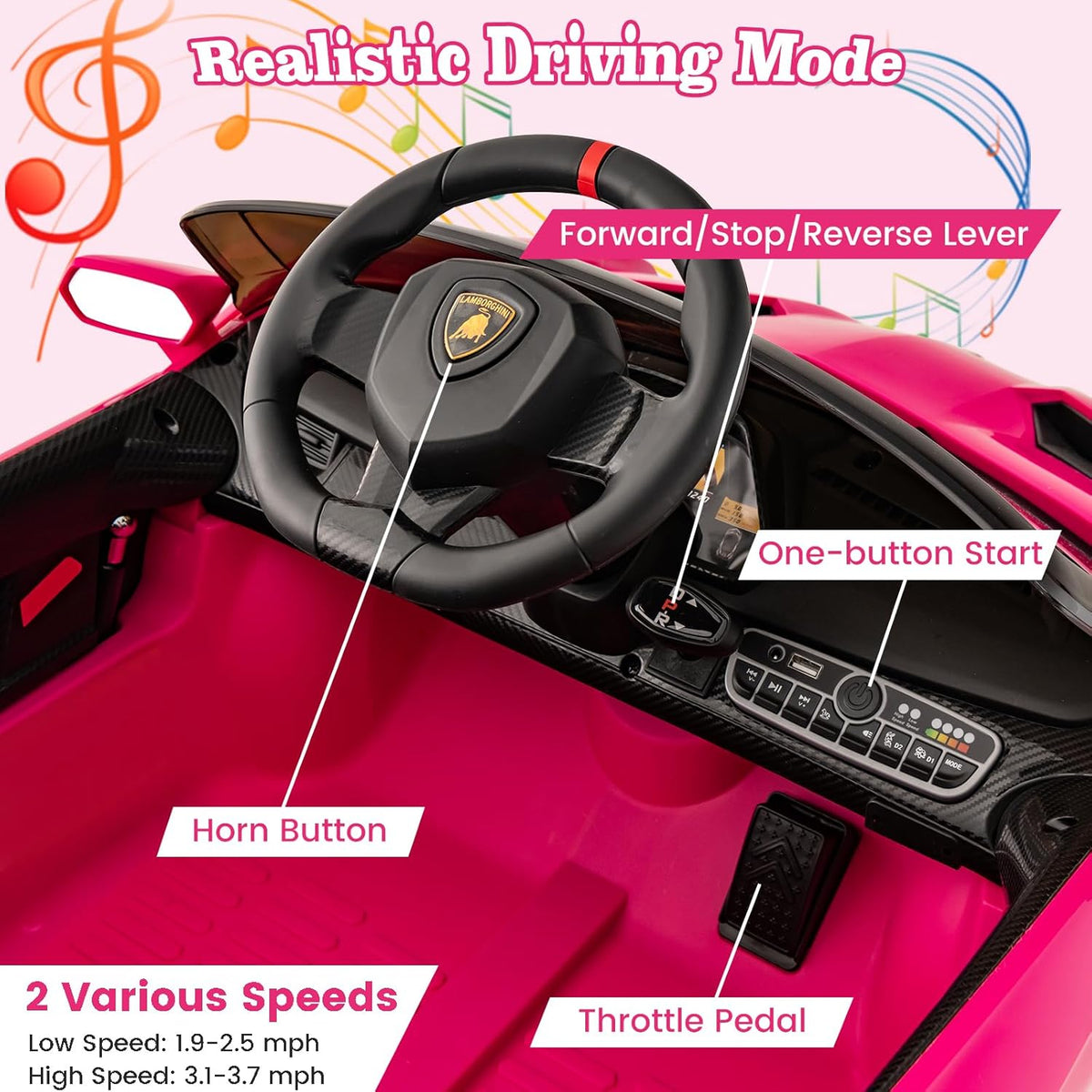 Costzon Pink Lamborghini Ride on Car, 12V Battery Powered 4WD Lambo Kids Car with Remote Control, 3