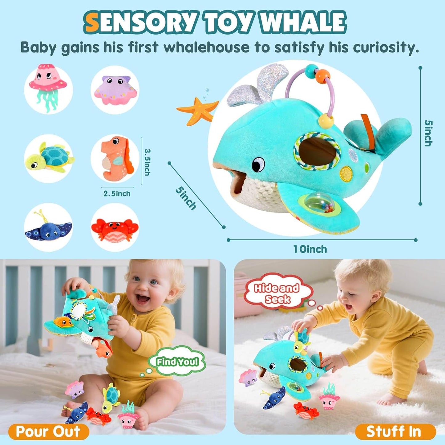 Baby Toys 6-12 Months - Soft Ocean Adventure Toy with Rattle, Crinkle Paper, Squeaker, Mirror