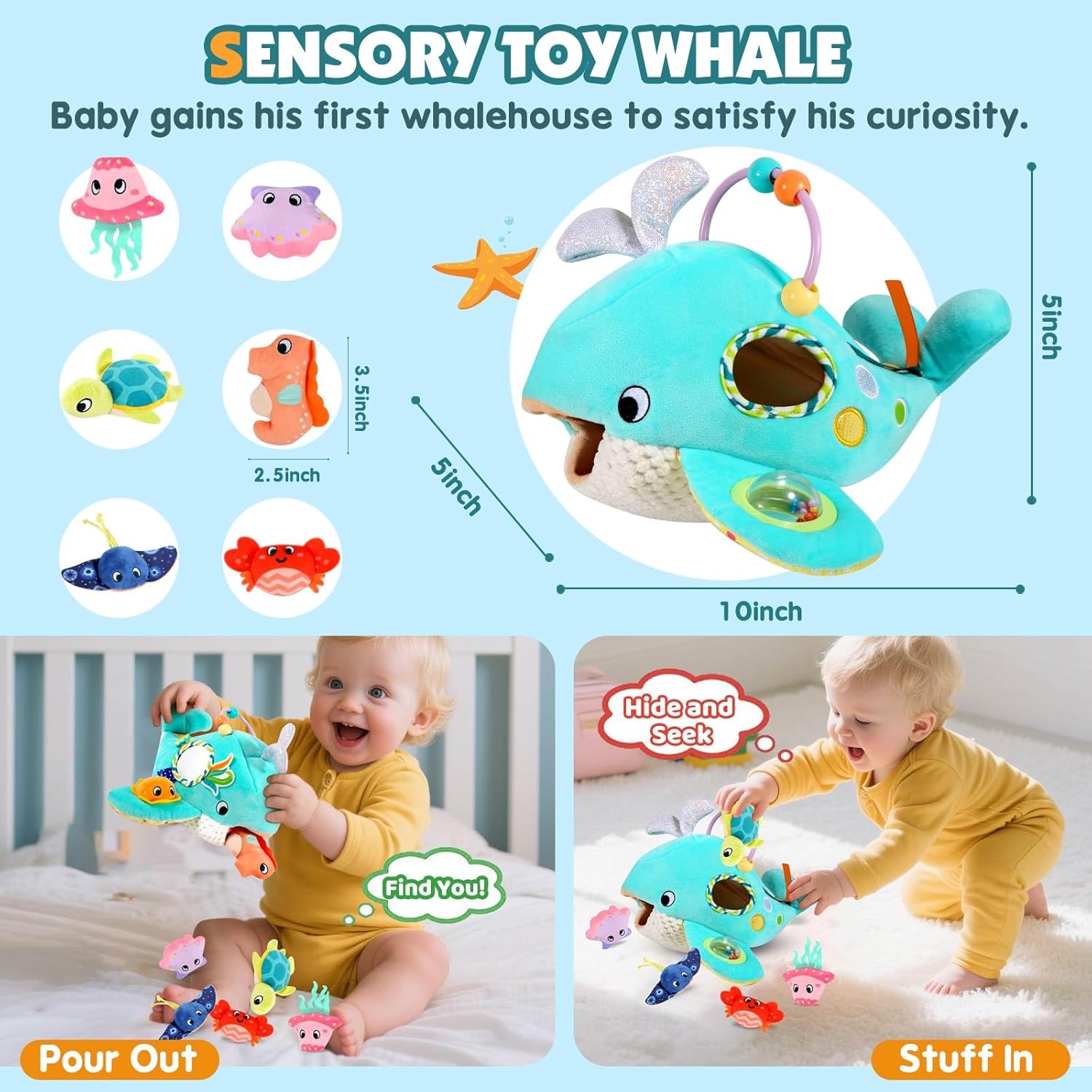 Baby Toys 6-12 Months - Soft Ocean Adventure Toy with Rattle, Crinkle Paper, Squeaker, Mirror