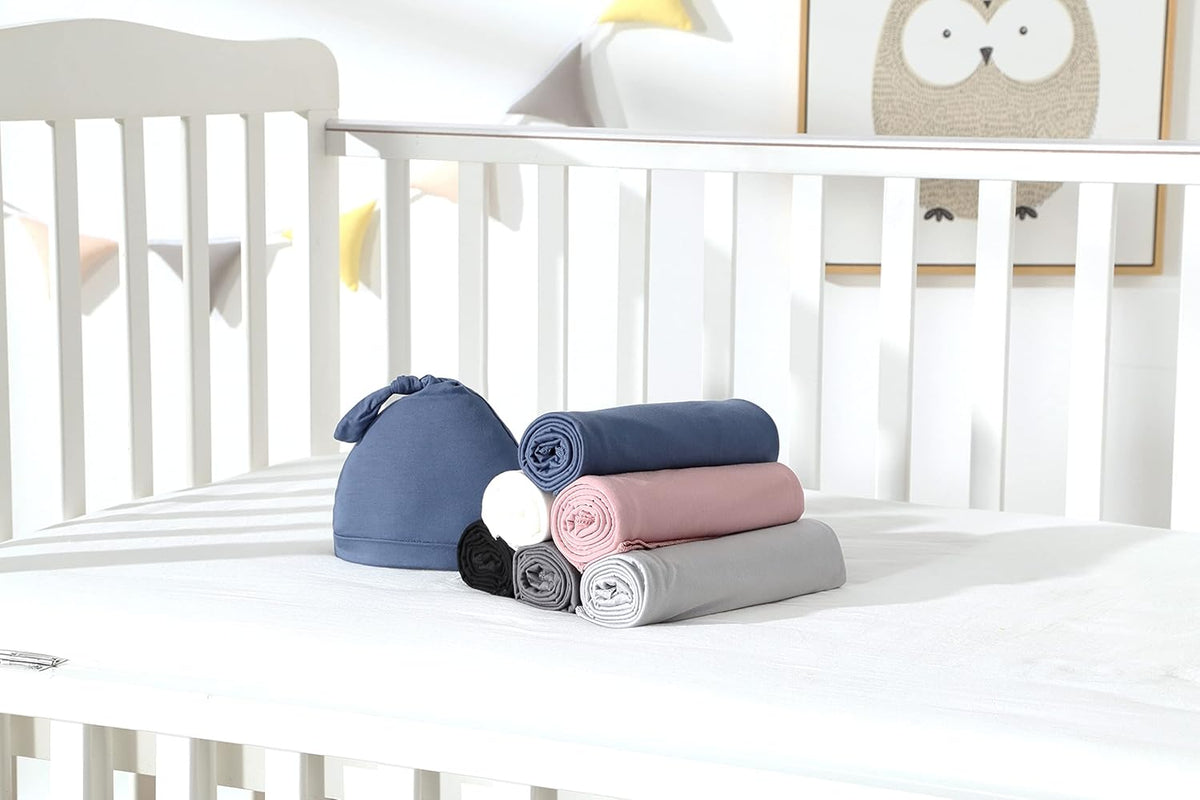 iEvolve Cotton Knitted Baby Swaddle Blanket with Hat Headband Set Newborn Swaddle Wrap Receiving