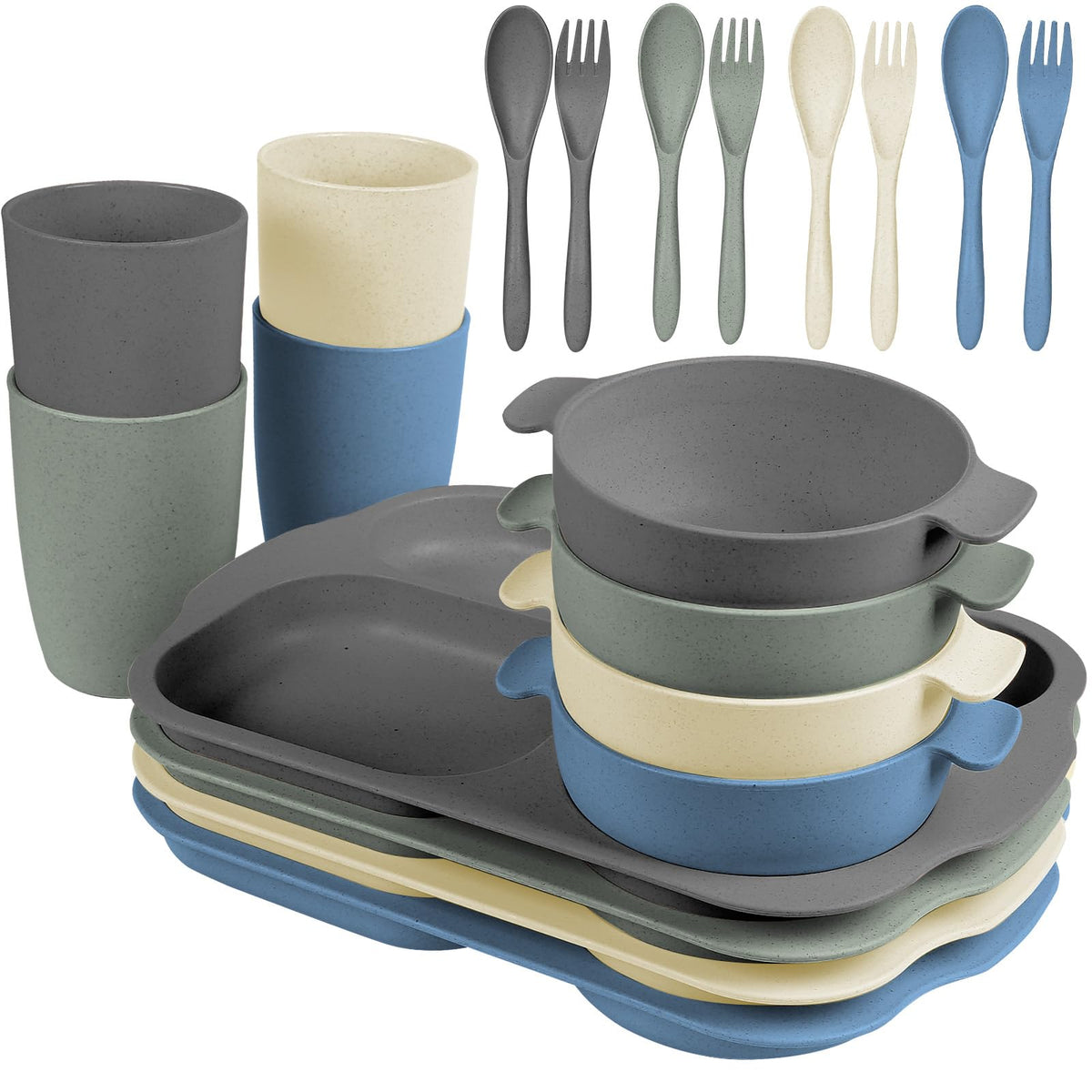 shopwithgreen Wheat Straw Dinnerware Cutlery Set, 20 PCS Kids Toddlers Divided Plates and Bowls