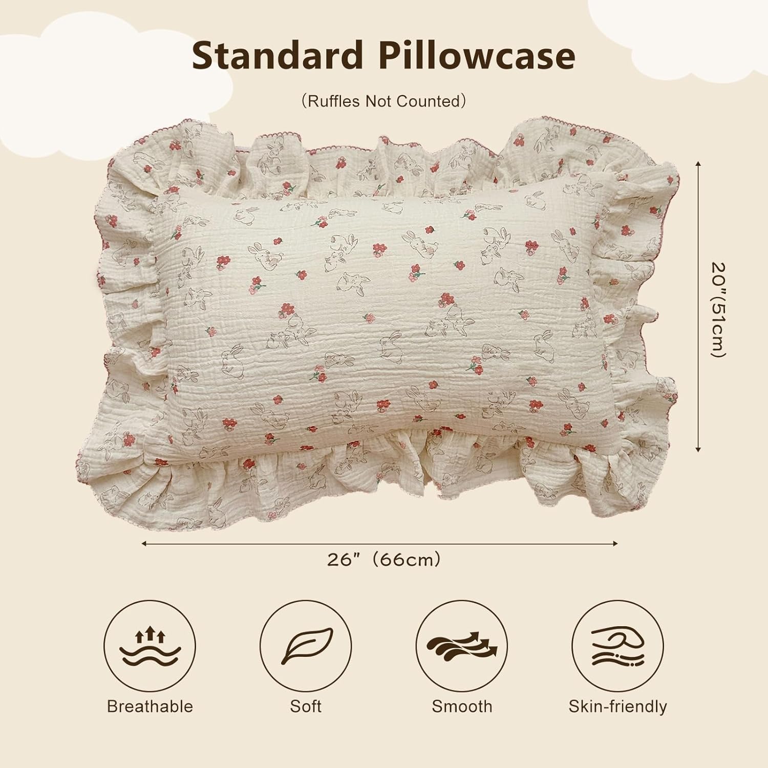 BuLuTu Rabbit Floral Toddler Pillowcase Muslin Cotton Kids Pillow Case Standard Size, 20"x26", Soft