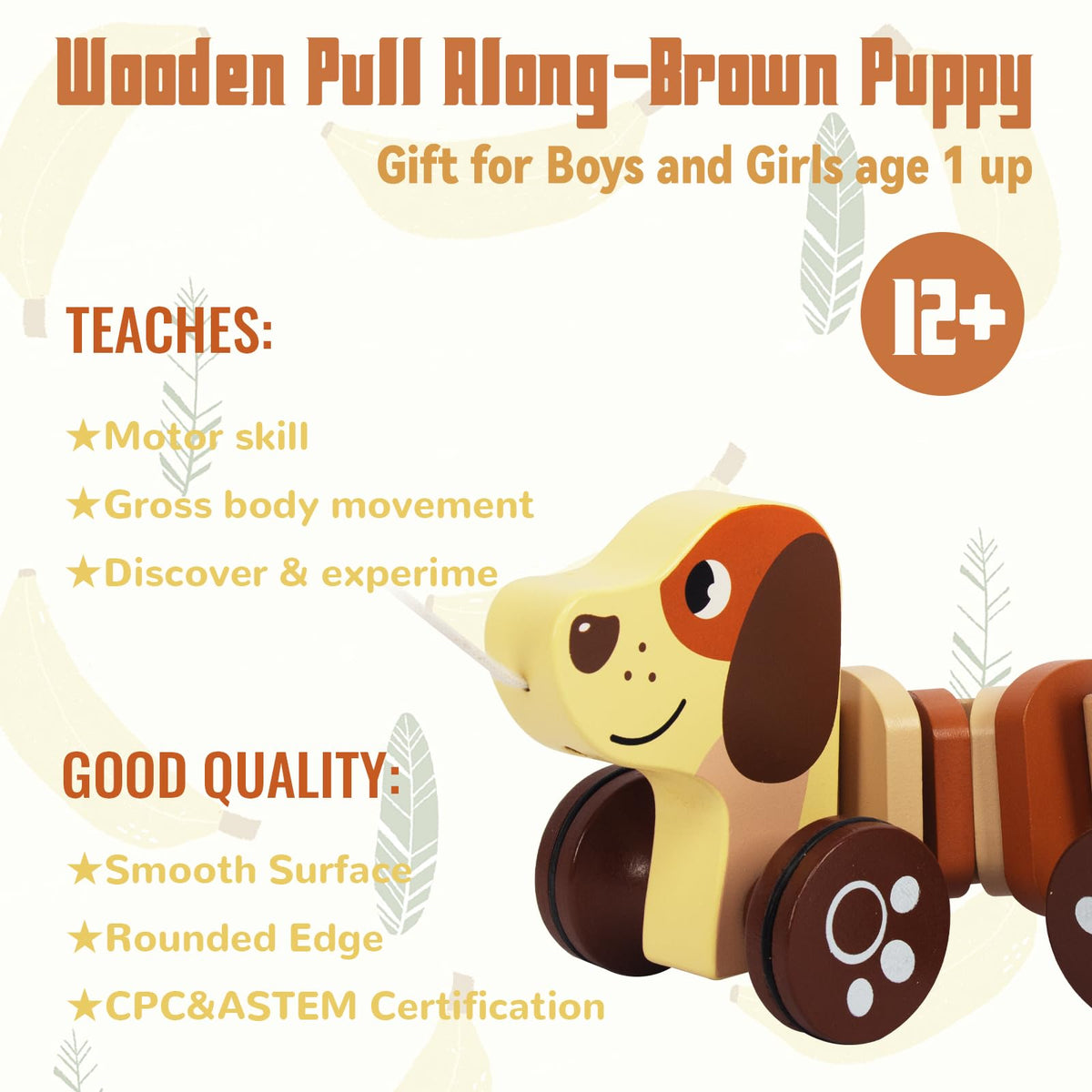 WoodenEdu Baby Toys Car,Wooden Pull Along Toy for Toddlers 1 2 3 Year Olds