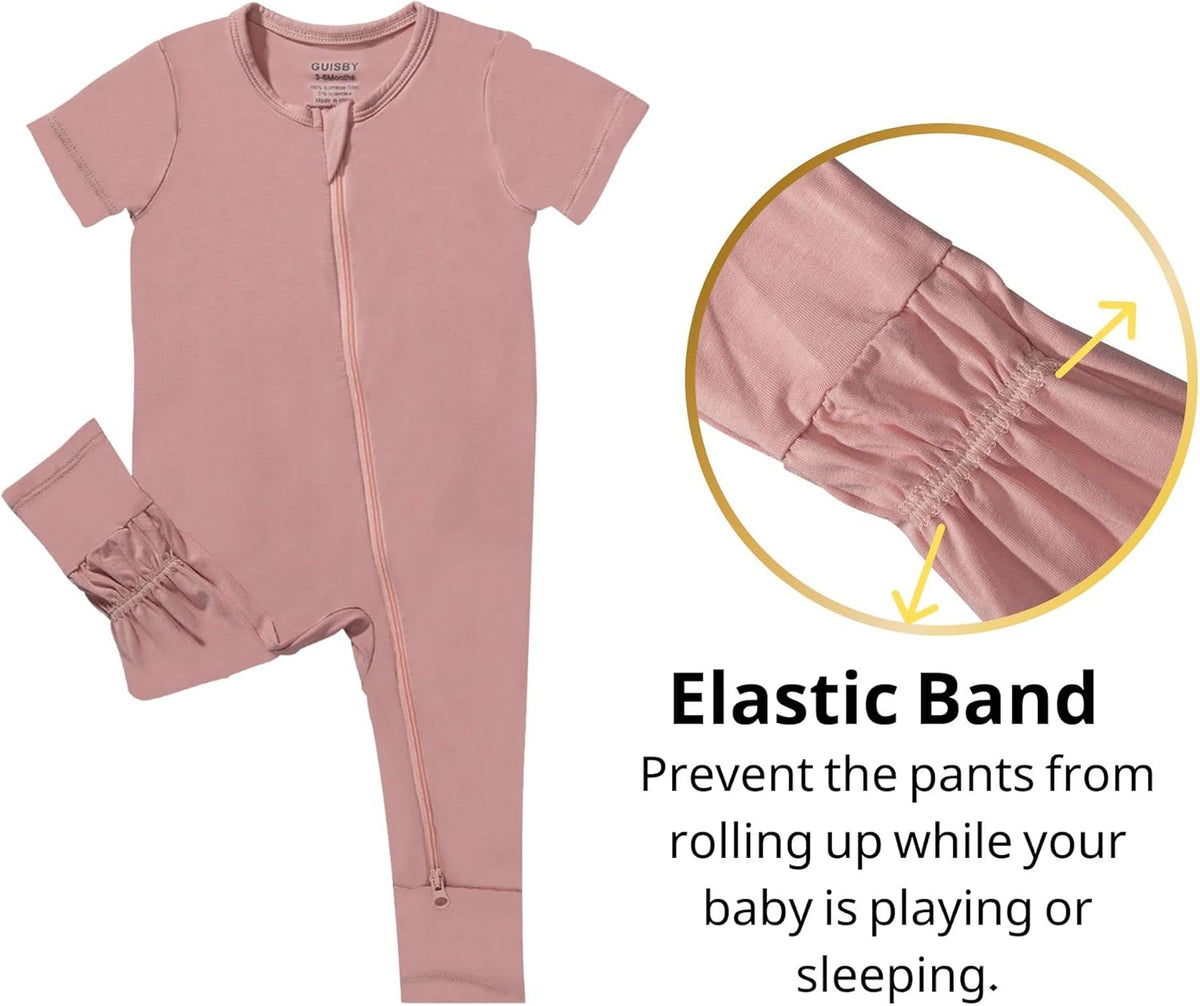 GUISBY Rayon Made from Bamboo Baby Pajamas, Summer Short Sleeve Footless Rompers, 2 Way Zipper