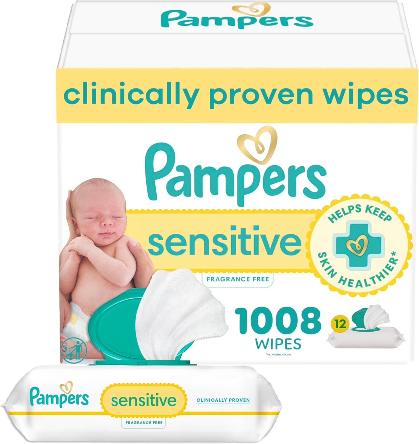 Pampers Baby Wipes, Sensitive, Water Based Wipe, Clinically Proven, Hypoallergenic, and Unscented