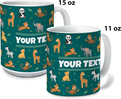 Personalized Mug for Kids - Zoo Animals - Custom Name/Text, Ceramic Hot Chocolate/Cocoa/Coffee Cup