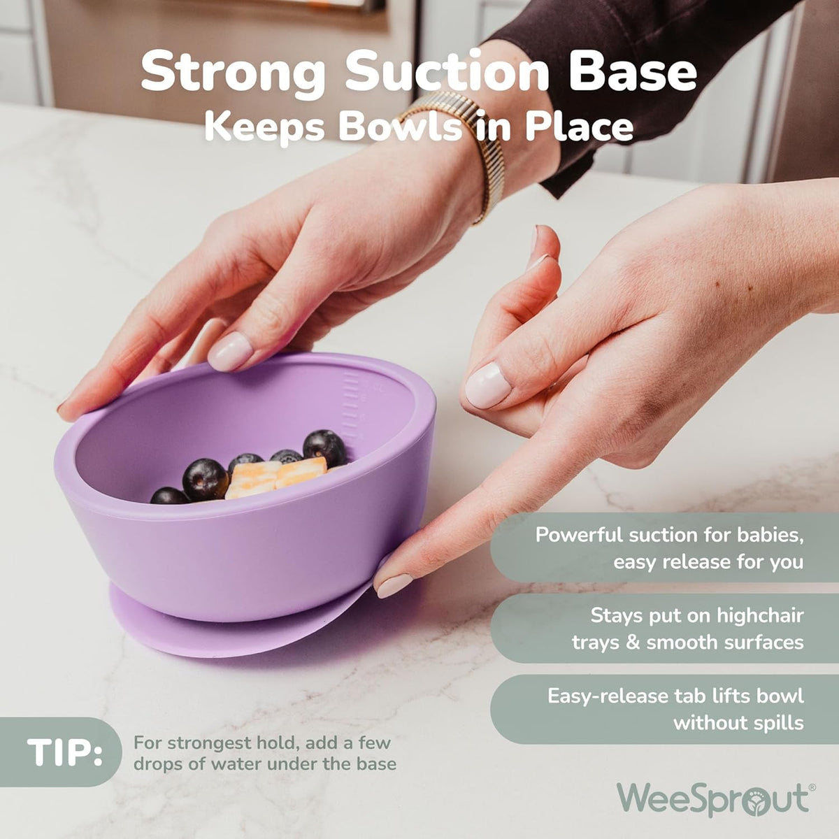 WeeSprout Suction Bowls for Baby & Toddlers (Set of 2) - 100% Silicone w/Plastic Lid - Leak Proof
