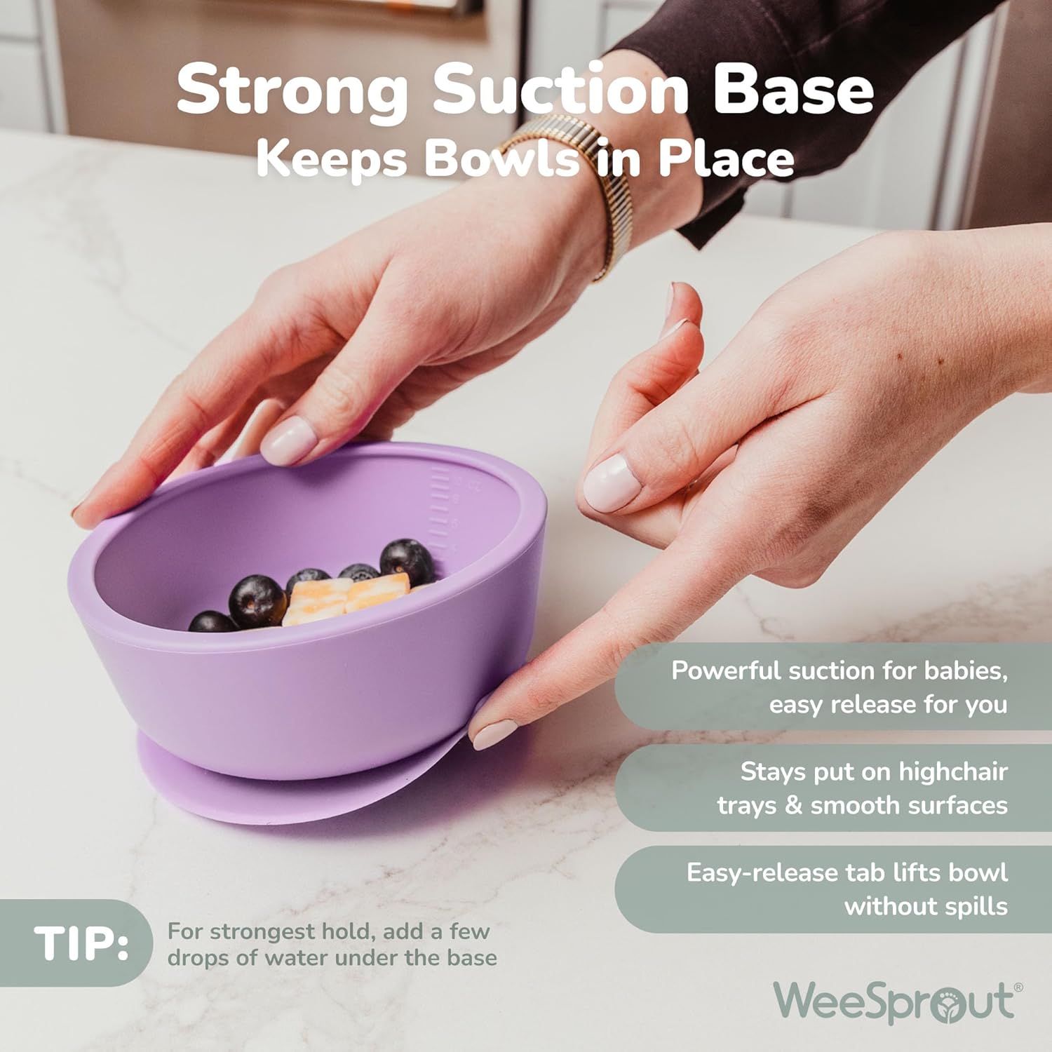 WeeSprout Suction Bowls for Baby & Toddlers (Set of 2) - 100% Silicone w/Plastic Lid - Leak Proof