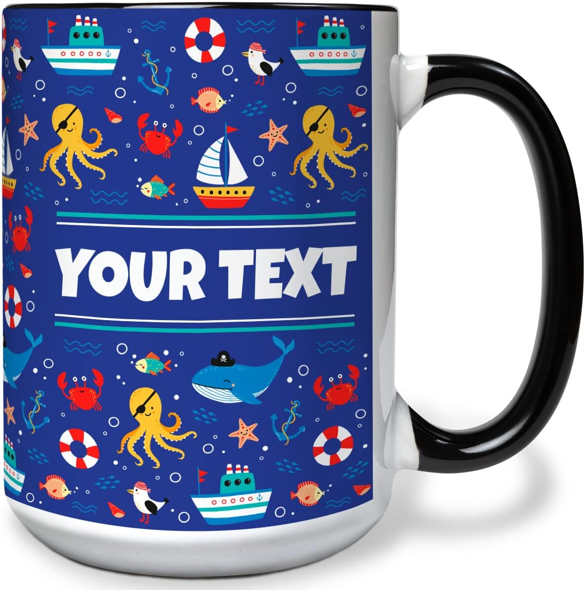 Personalized Mug for Kids - Nautical - Custom Name/Text, Ceramic Hot Chocolate/Cocoa/Coffee Cup for