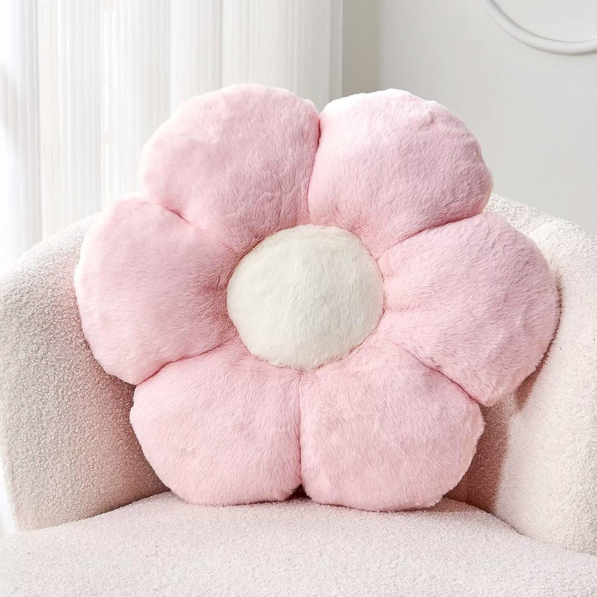 Pink Flower Pillow, Cute Decorative Flower Shaped Throw Pillow with Faux Rabbit Fur, 14.9" Soft