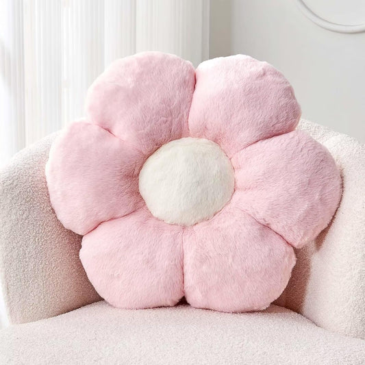 Pink Flower Pillow, Cute Decorative Flower Shaped Throw Pillow with Faux Rabbit Fur, 14.9" Soft