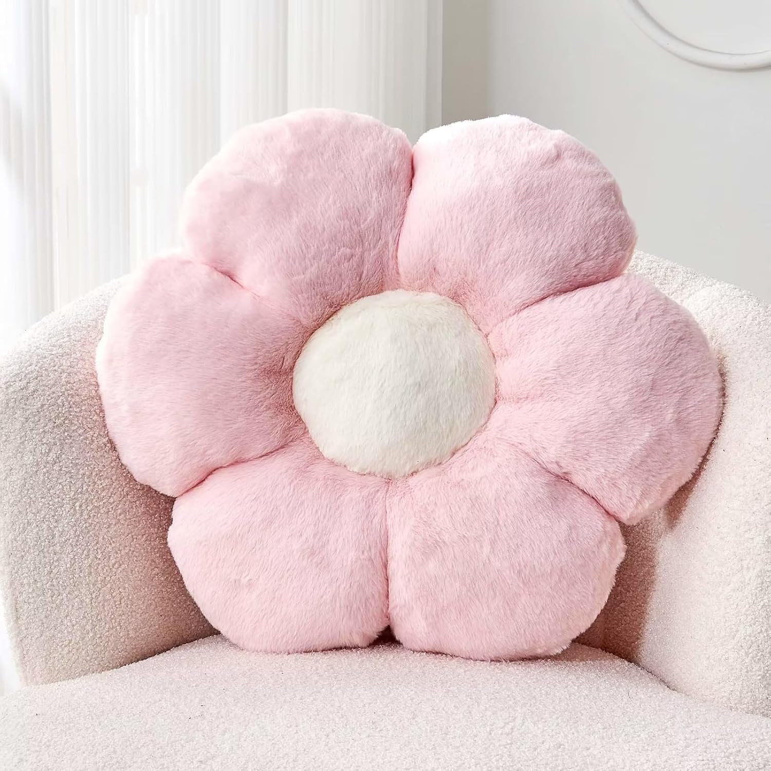 Pink Flower Pillow, Cute Decorative Flower Shaped Throw Pillow with Faux Rabbit Fur, 19.6" Soft