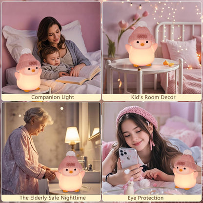 Penguin Night Light, Cute Pink Penguin Lamp with Knit Hat, Soft Silicone Nursery Nightlight for