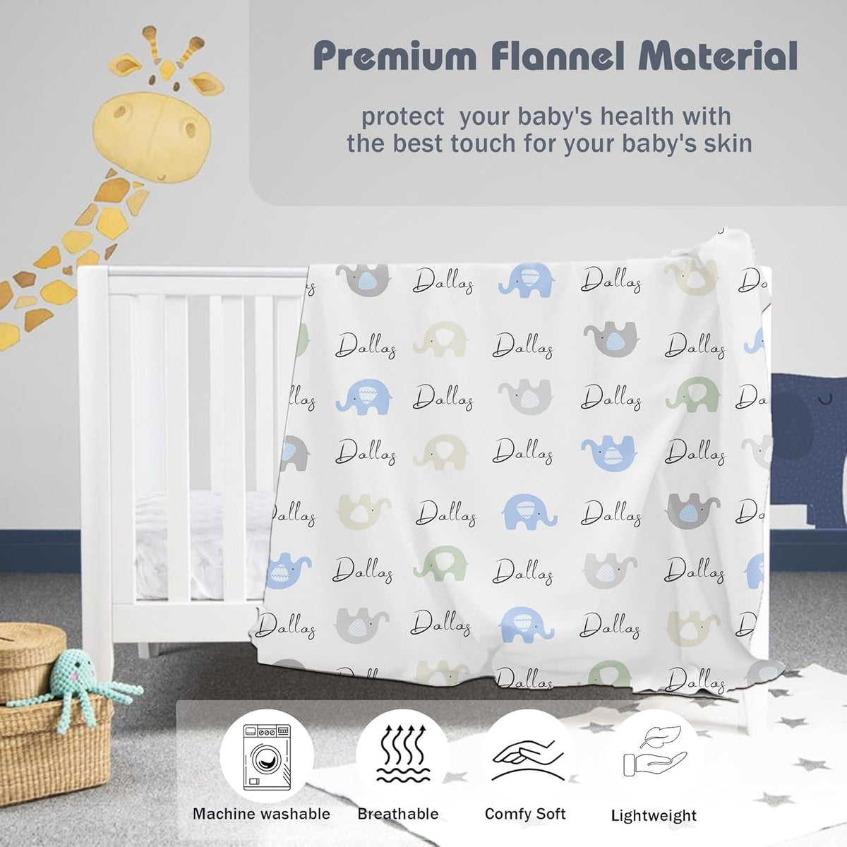 Personalized Baby Name Blanket for Boy Girl Custom Elephants Blanket for Newborn Customized Gifts