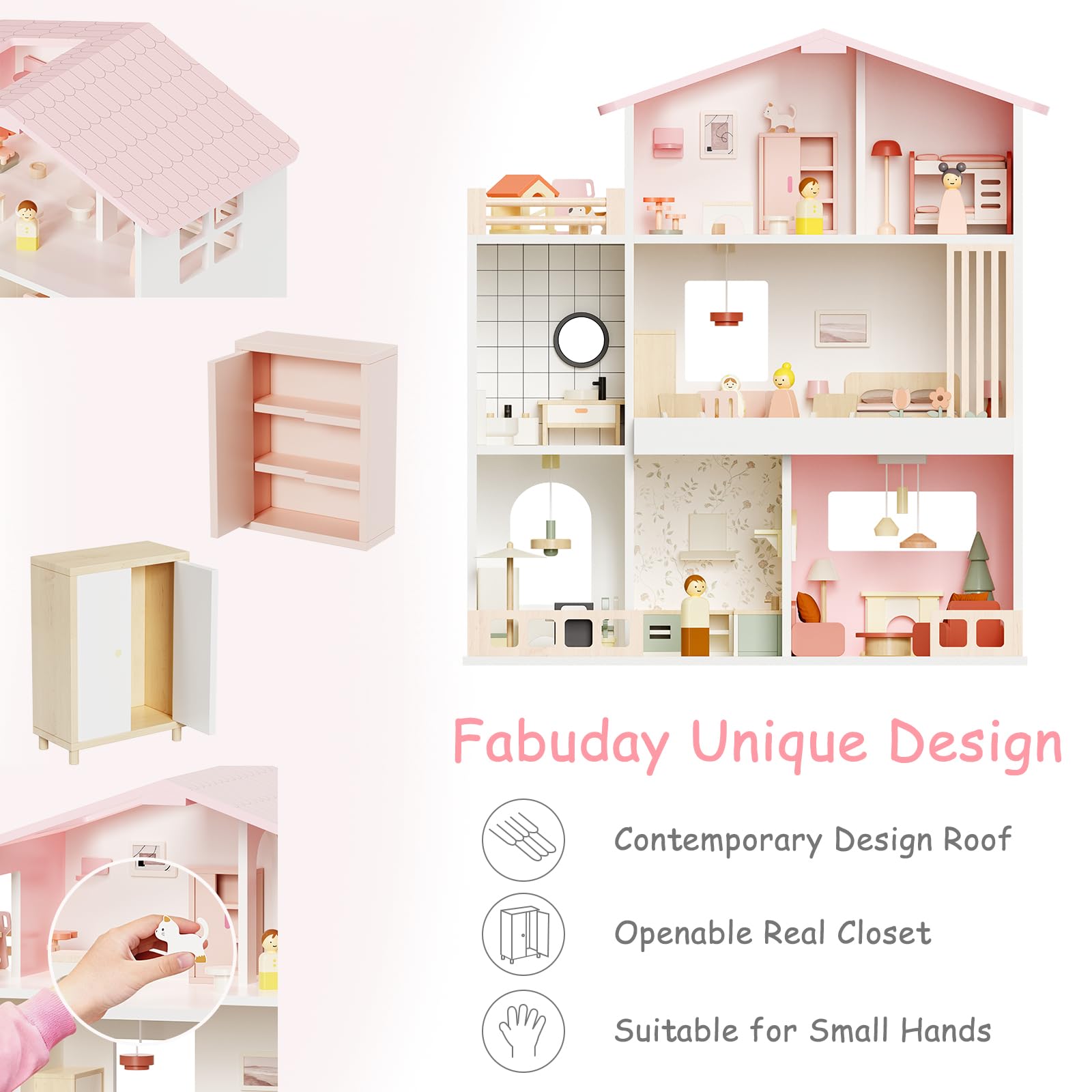 Wooden Doll House, Toddlers Dollhouse for Kids 3+ Year, 8 Rooms Play House