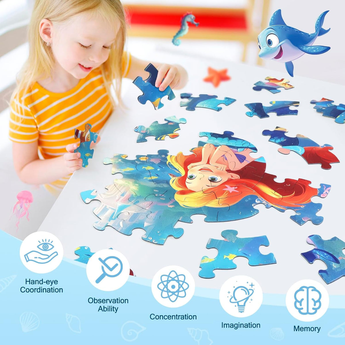 Floor Puzzles for Kids Ages 3-5, 70 Pieces Mermaid Jigsaw Puzzle for Toddler Girls Ages 3 4 5 6 7 8