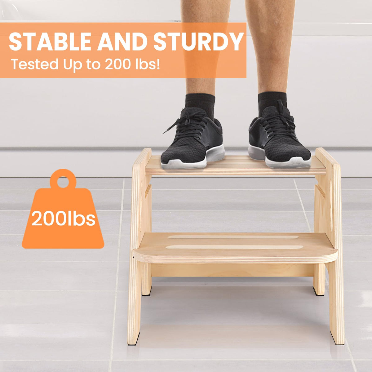 Toddler Step Stool, Wooden Height-Adjustable 2-Step Stool for Kids, Potty Training Stool with