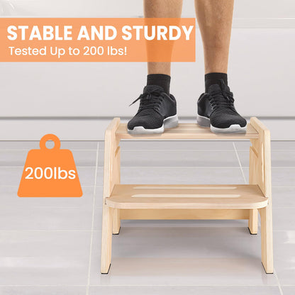 Toddler Step Stool, Wooden Height-Adjustable 2-Step Stool for Kids, Potty Training Stool with