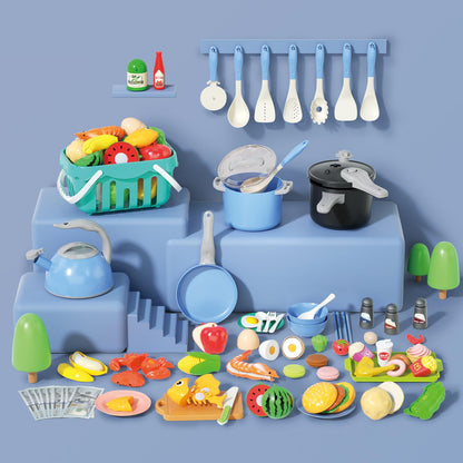 130Pcs Kitchen Playset, Toddler Pretend Cooking Play Pots, Pans, Utensils Cookware, Daily Food