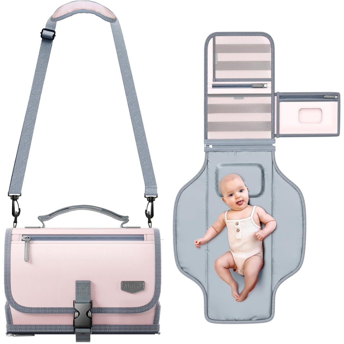 Portable Diaper Changing Pad with Shoulder Strap, Detachable Travel Changing Pad with Baby Wipes