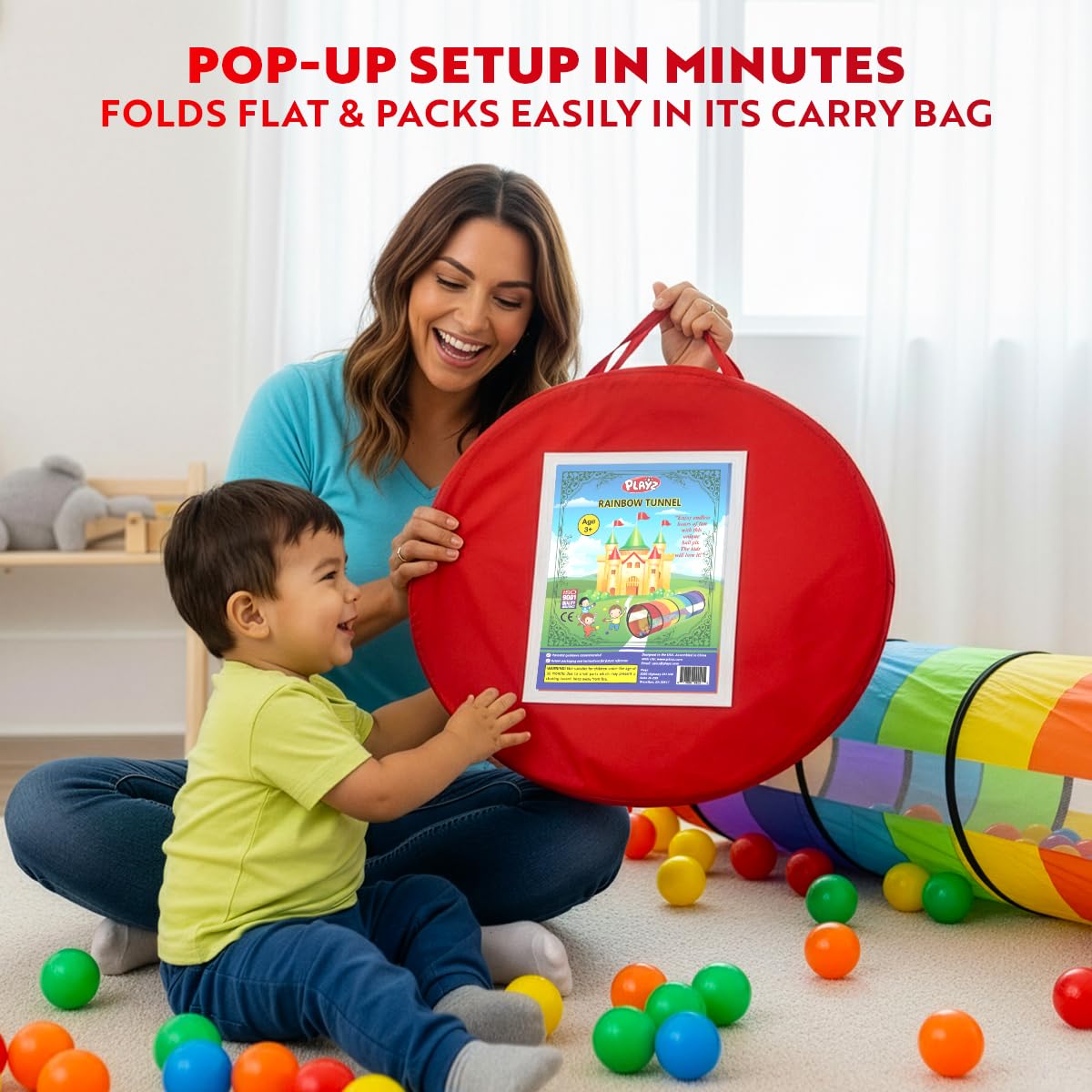 Playz Kids Play Tunnel Toys for Toddlers 1-3, Large 21" Rainbow Pop Up