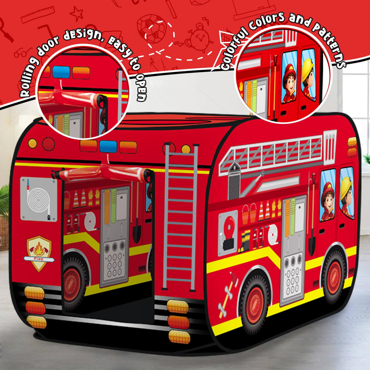 Britik Fire Truck Pop Up Tent Kids, Indoor Outdoor Playhouse Toy for 3+