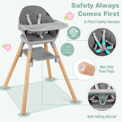 BABY JOY Baby High Chair, 6 in 1 Convertible Wooden Highchair for Babies & Toddlers with Adjustable