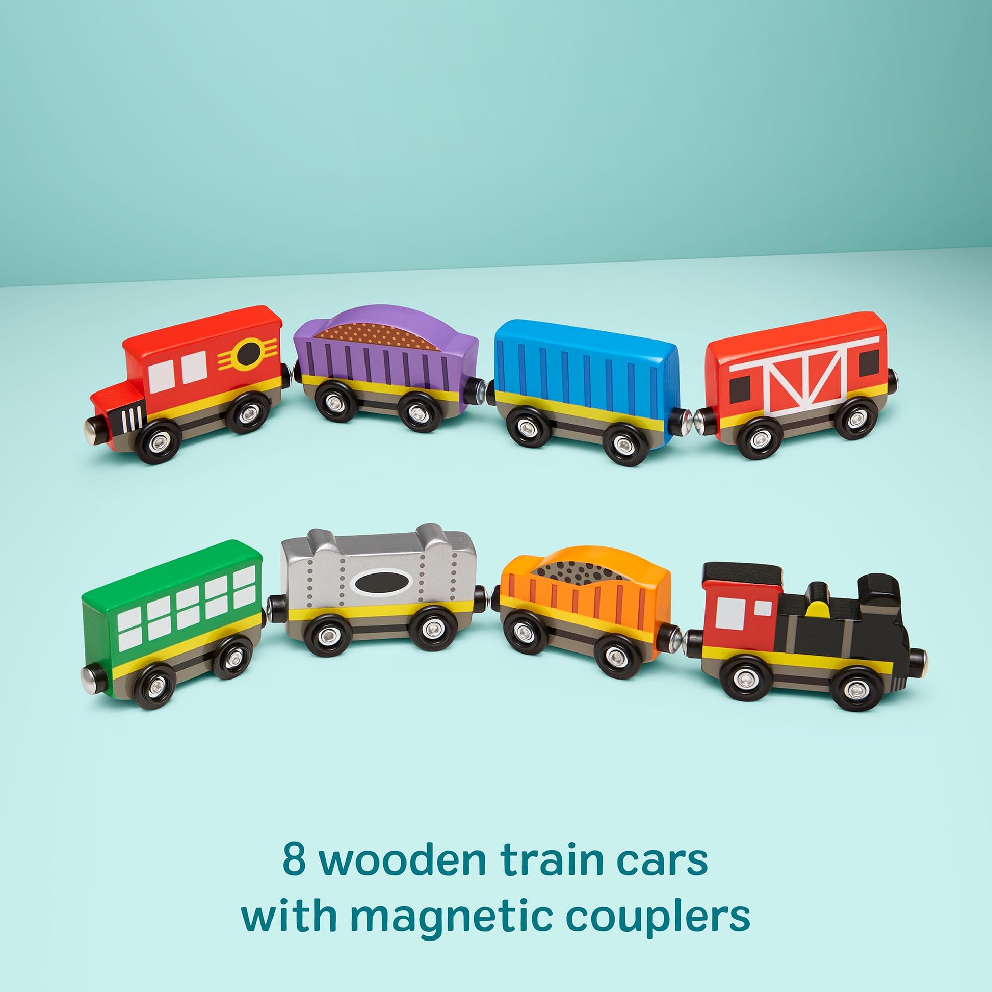 Melissa & Doug Wooden Train Cars, 8-Piece Magnetic Train Set with Toy Storage Tray, Steam Engine