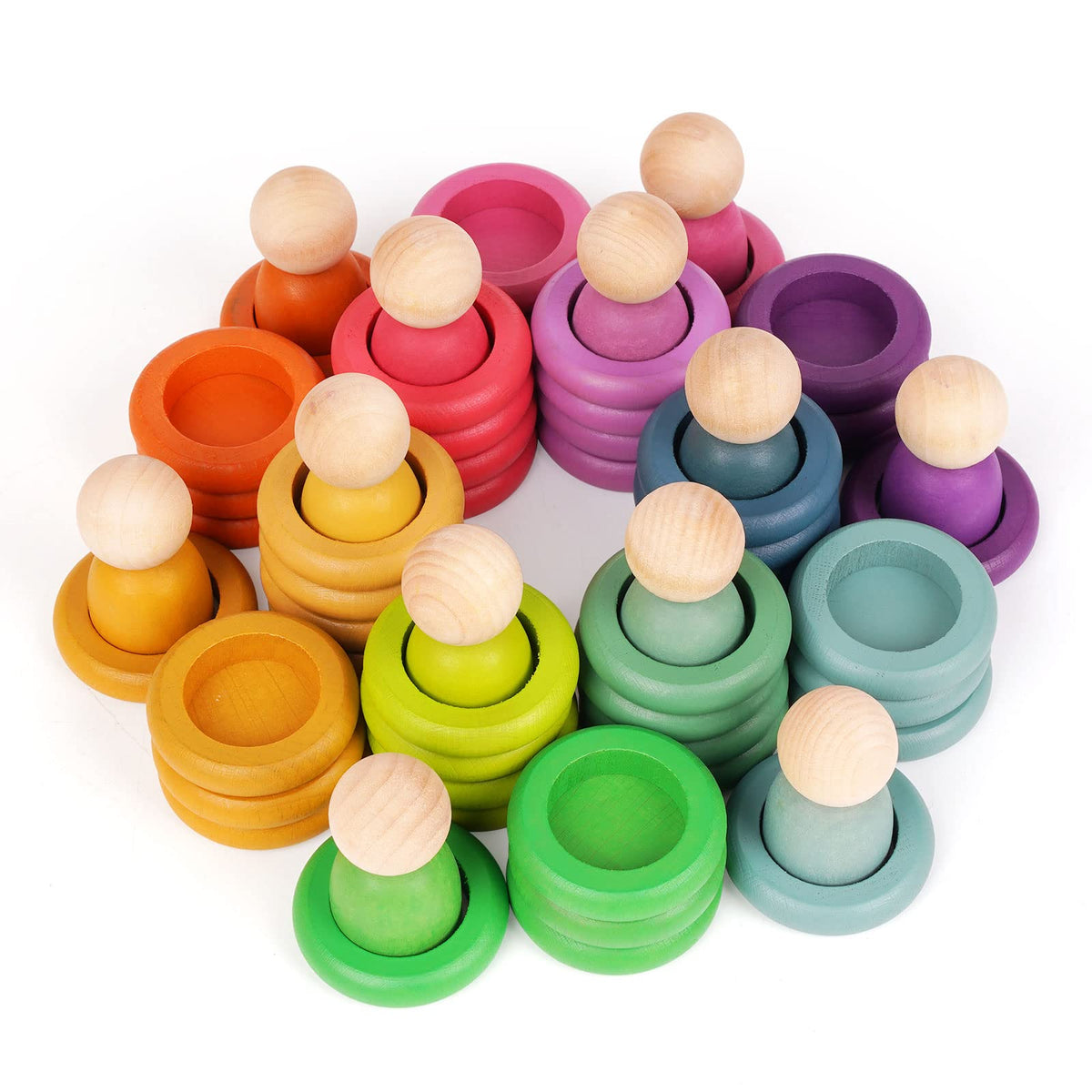 Montessori Toys Wooden Color Sorting Stacking Rings Toy Rainbow Wooden Peg Dolls Counting Toys