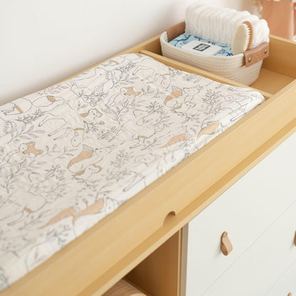 Crane Baby Woodland Quilted Changing Pad Cover, Animal Fox Print, Cotton Sateen, Secure Elastic