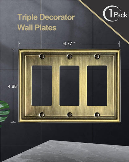 1 Pack Triple Decorator Wall Plates, Metal Electrical Outlet Covers for Receptacles, Dimmer