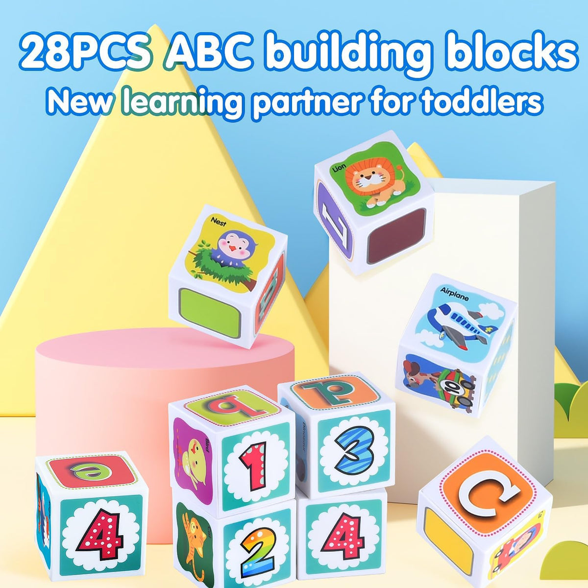 PLAY ABC Building Blocks for Toddlers 1-3, 28 PCS Plastic Baby Alphabet Letters Number Stacking
