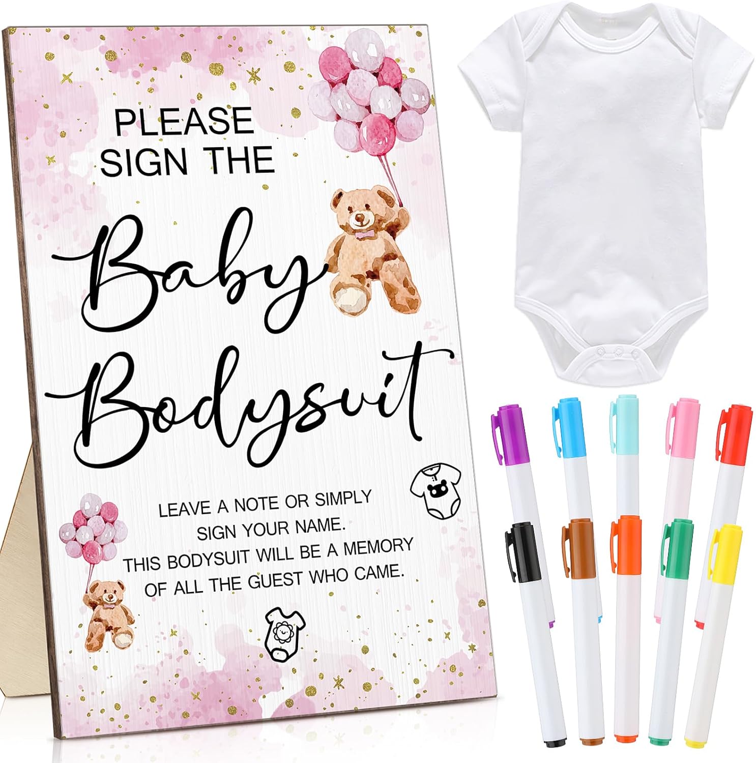 Qunclay 12 Pcs Baby Bodysuit Baby Shower Game Include 1 Game Wooden Sign Tabletop Decor 1 White