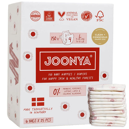 Joonya Baby Diapers, Size 4 L (15-31 lb) - 6 Bags of 25 (150) - New Range - NonToxic, Eco-Friendly