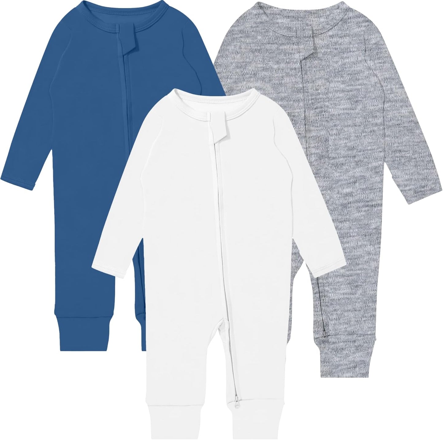GUISBY Long Sleeve Cotton Pajamas Footless Baby Bodysuits with Zipper and Mittens 3-Pack for Boys