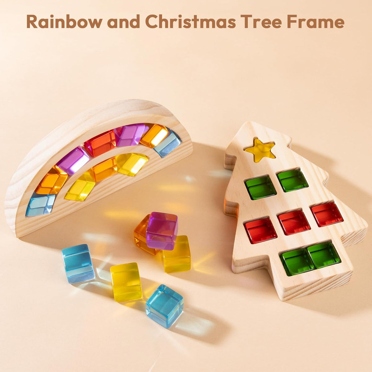 Wooden Building Blocks Set for Kids, Rainbow & Tree Shaped Wood Frame - 24 PCS Rainbow Gem Cubes