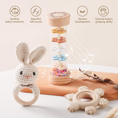 Youuys Wooden Baby Rattle Set (3pcs) - Crochet Rattle Rain Stick Teething Toys, Wooden Montessori