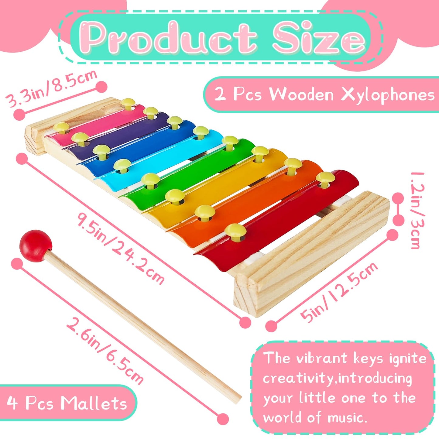 2 Pcs Wooden Xylophone for Kids,Xylophone Educational Musical Toy with 2 Child Mallets 8 Diatonic