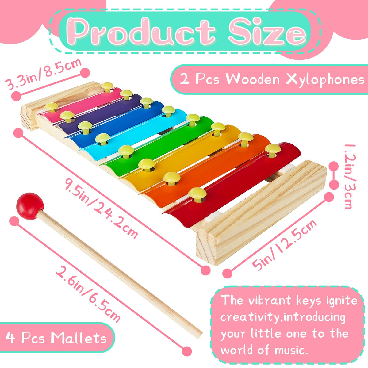 2 Pcs Wooden Xylophone for Kids,Xylophone Educational Musical Toy with 2 Child Mallets 8 Diatonic